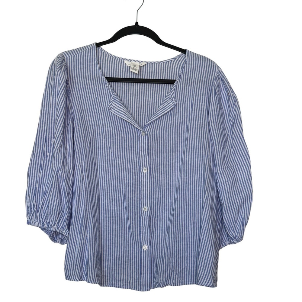 HM Blue White Striped Linen Blend Puff Sleeve Blouse XL Coastal Chic Coquette